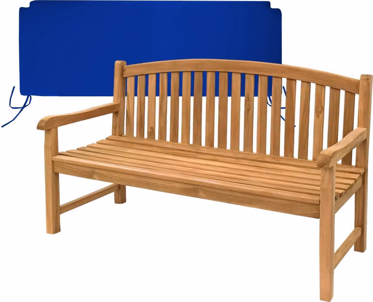 Teakholz Bank Bari 150cm Massivholz Wetterfest + Sitzkissen Blau