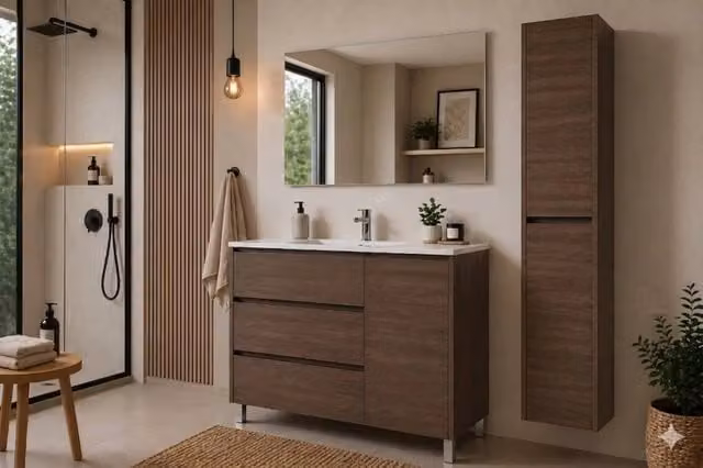 Mobile Bagno VOLUM Già Montato 3 cassetti e porta, lavabo e specchio Frassino tea 100x40 cm con colonna