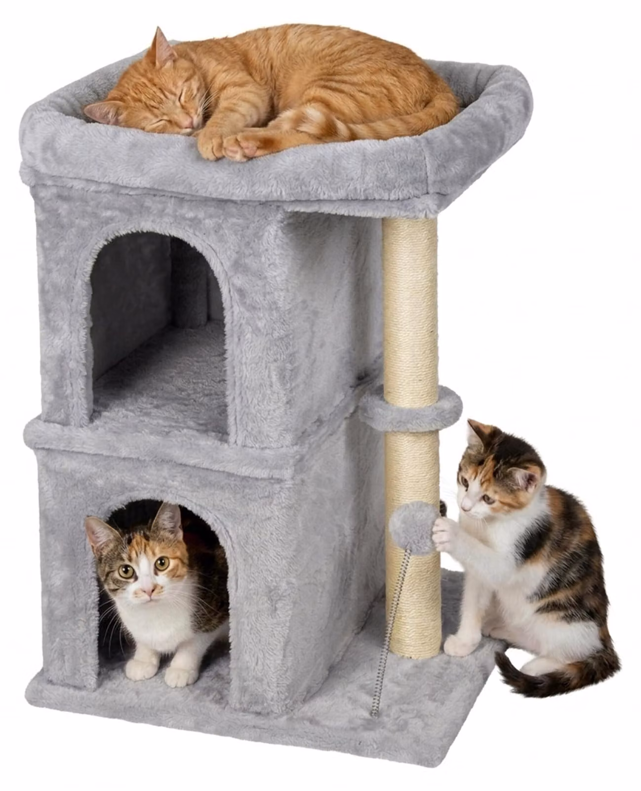 Relaxdays, tiragraffi per gatti con 2 rifugi e giochi, in sisal, con area relax, grotta per gatti, dimensioni: 71x46x40 cm, materiale morbido, colore grigio chiaro