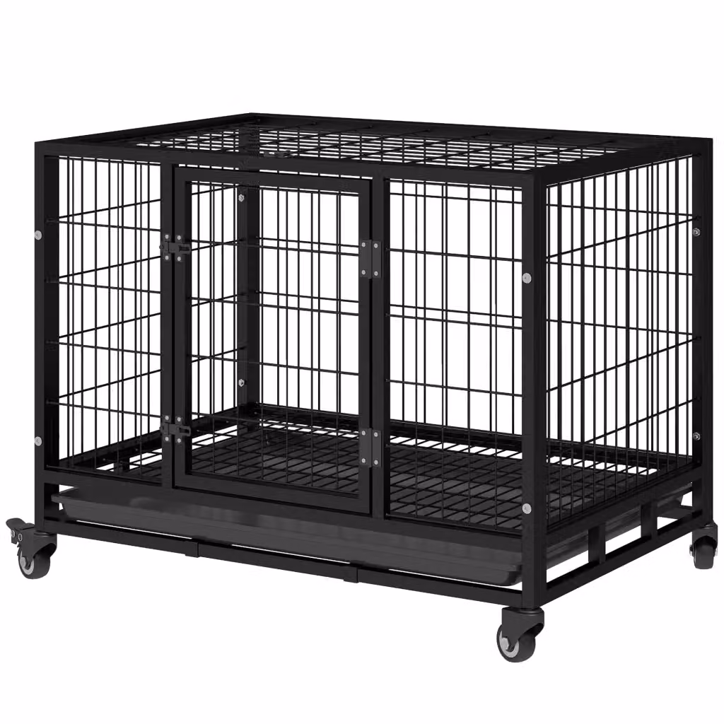 Gabbia per cani in metallo XYLO con ruote, freni e vassoio estraibile, colore nero, L 92 cm x P 62 cm x H 75 cm – 2
