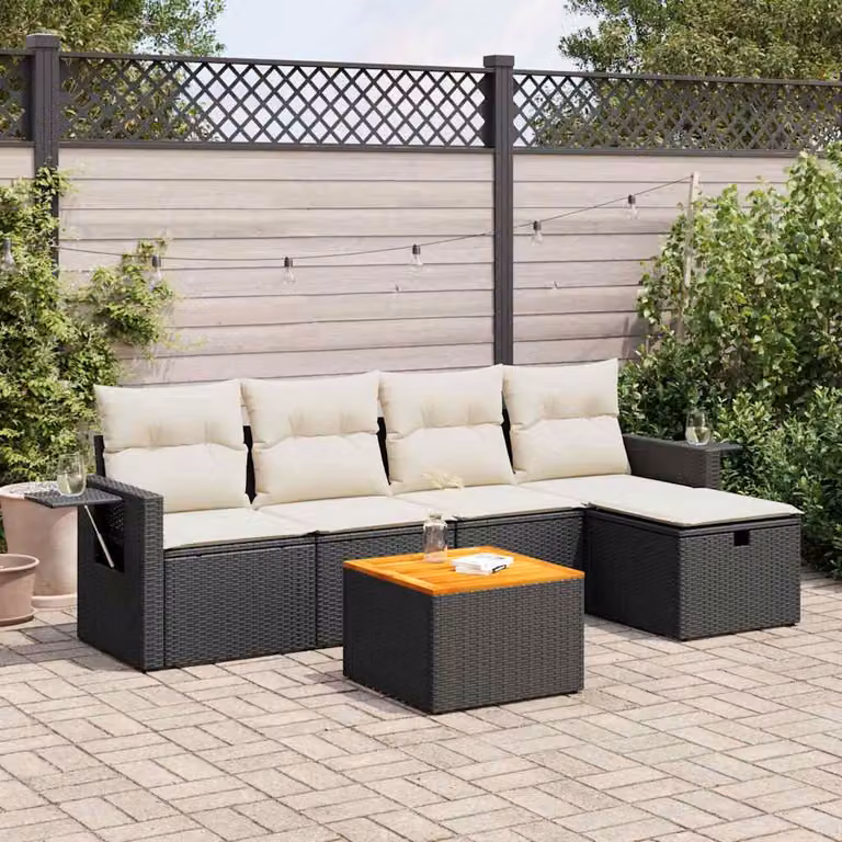 Set Divano da Giardino vidaXL 6 pz in Polyrattan con Cuscini e Ottoman, Design Moderno a L, Nero
