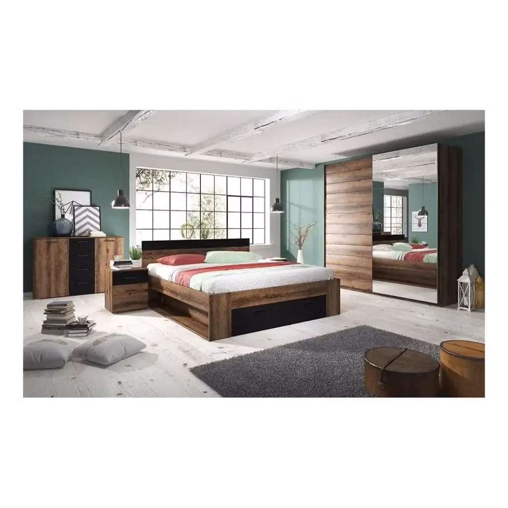 Set Letto con Comodini Collezione EOS Meublorama Colore Quercia Scura e Nero L/P/H: 160 x 200 x 90 cm – 2