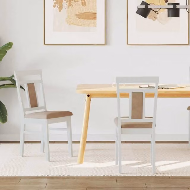 Set di 2 sedie da pranzo vidaXL in legno di gomma con seduta in tessuto bianco e marrone