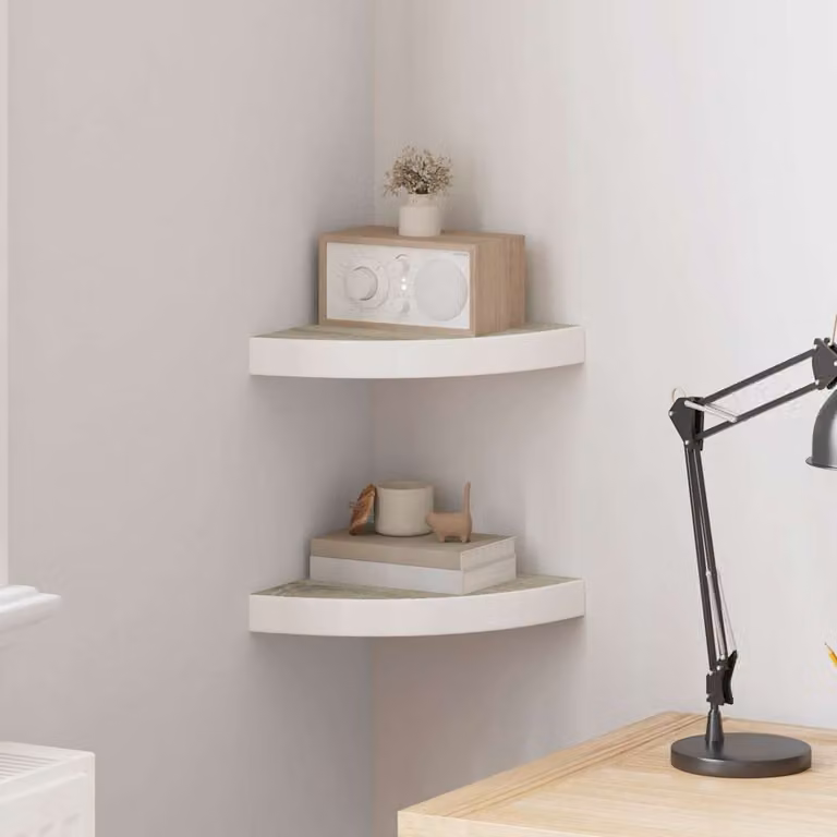 Set di 2 mensole angolari vidaXL in MDF, colore rovere e bianco, L/P/H: 25 x 25 x 3,8 cm