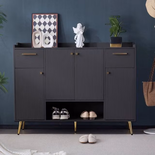 Scarpiera moderna Mivray nera con 2 cassetti, 4 ante e vano aperto, L/P/H: 130 x 37 x 100 cm