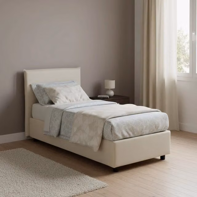 Letto singolo contenitore Boudicca Talamo Italia con materasso incluso, rivestimento in tessuto beige, apertura frontale, dimensioni materasso: 80 x 200 cm