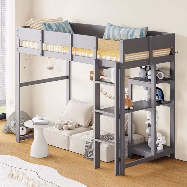Letto a soppalco 90x200 cm grigio in legno con ripiano integrato, senza materasso
