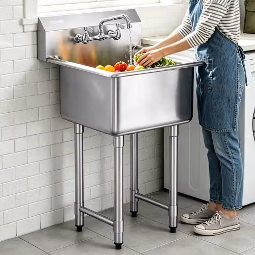 Lavello da appoggio professionale Vevor in acciaio inossidabile color argento con rubinetto, vasca singola con portata 104 kg, L: 53,34 cm, P: 45,7 cm