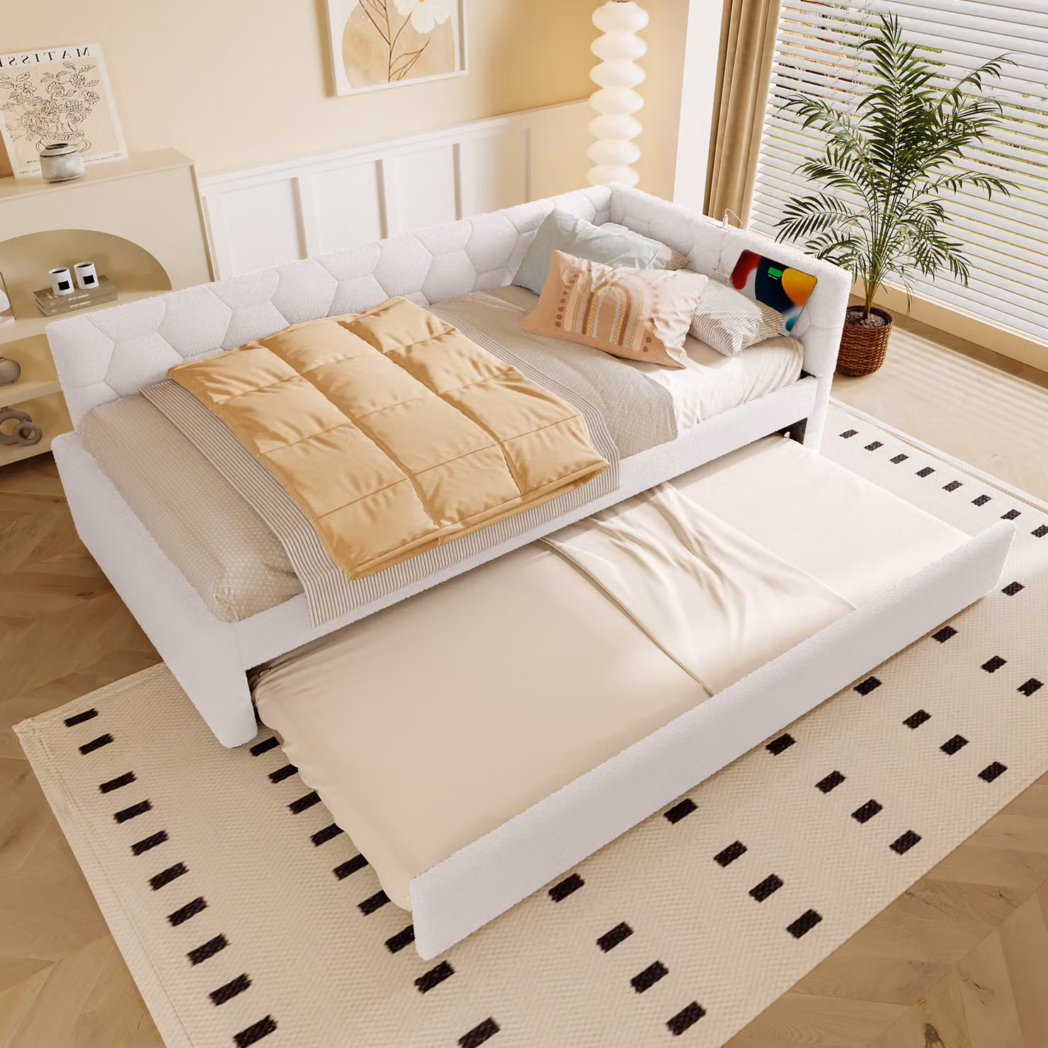 MODFU Divano letto 90x200, letto per bambini con letto estraibile e lampada da comodino, divano letto con porta USB e tipo C, rete a doghe, senza materasso, bianco