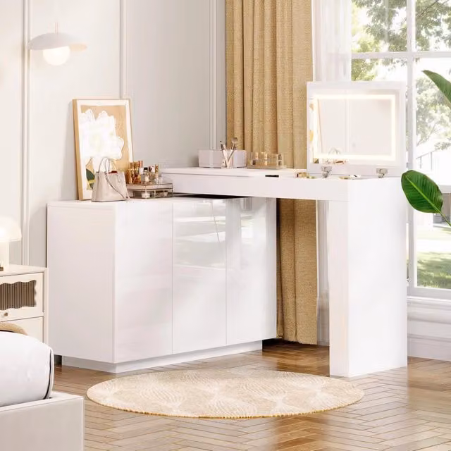 Toeletta girevole a L Mivray con specchio LED, piano richiudibile e 3 ante in MDF bianco lucido, L 100 x P 40 x H 80 cm