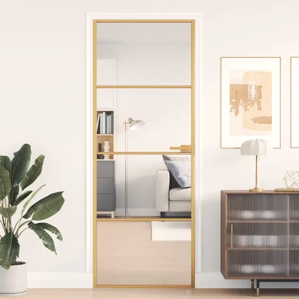 Porta interna moderna vidaXL in vetro temperato e alluminio, colore oro e nero, L: 76 cm, H: 201,5 cm