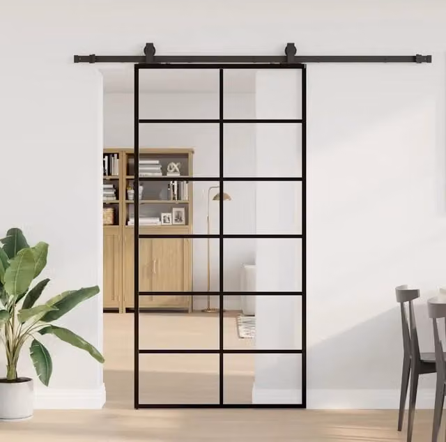 Porta Scorrevole Moderna vidaXL in Vetro Trasparente con Ferramenta Nera e Alluminio L: 102 cm, H: 205 cm – 1