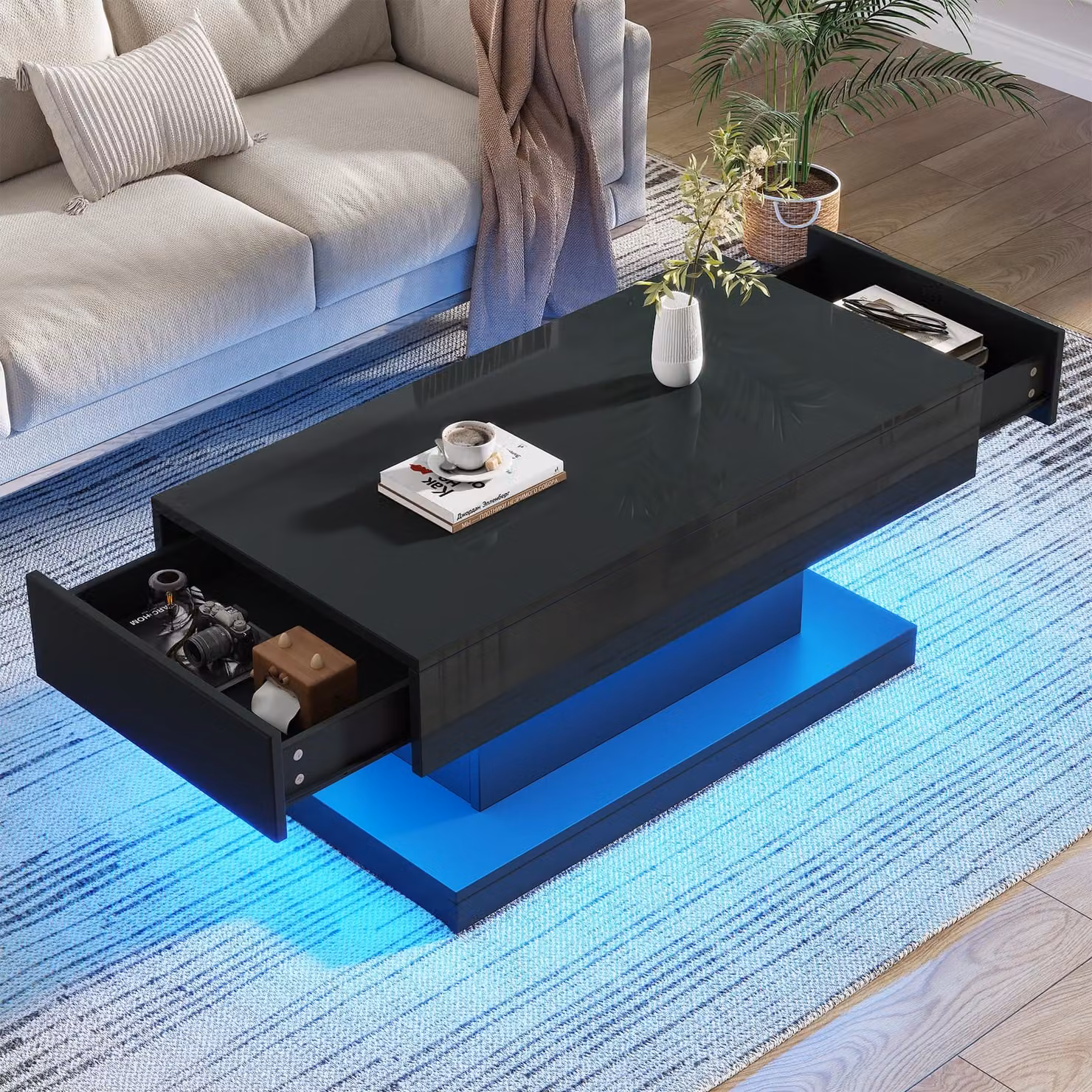 Tavolino Sweiko 100x50x45cm, tavolino da salotto con 2 cassetti, tavolino lucido, tavolino con striscia luminosa a LED, tavolino da tè nero dal design semplice