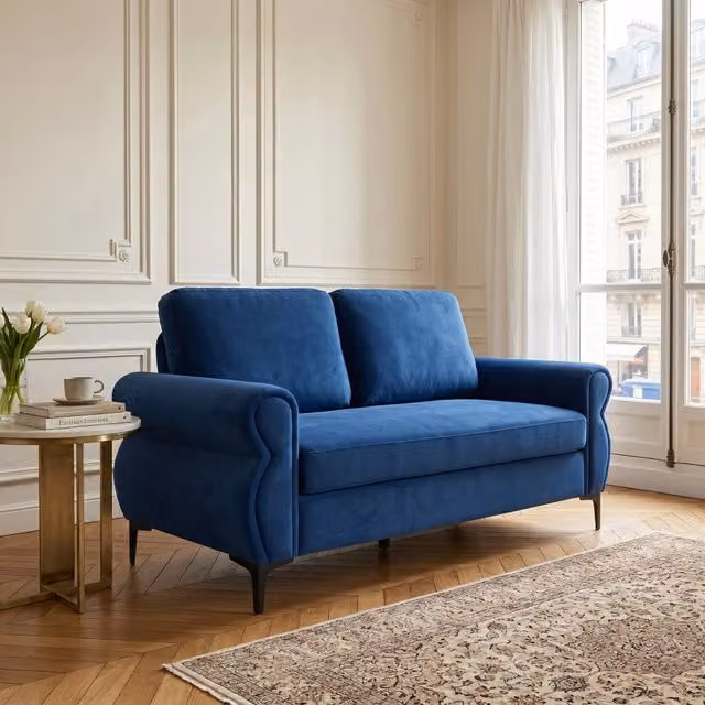 Divano compatto in tessuto per soggiorno con seduta ergonomica, cuscini sfoderabili e piedi in metallo blu 173,5 cm