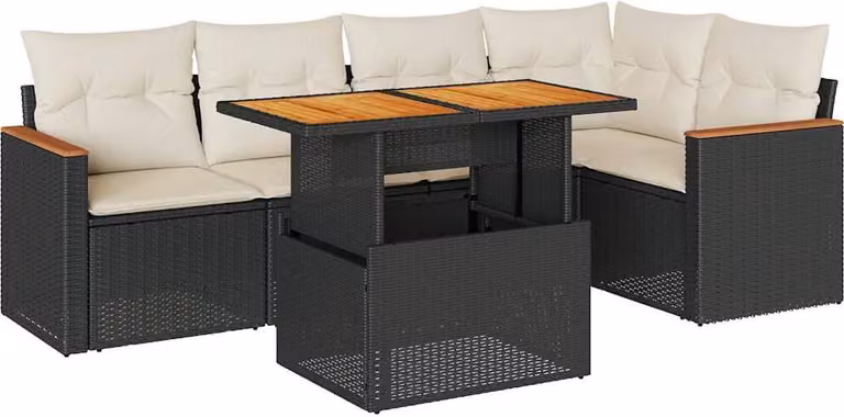 Set Divano da Giardino 6 pz con Cuscini Nero Polyrattan Acacia