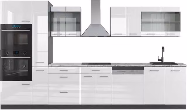 Cucina moderna Vicco R-Line Bianco lucido e Antracite con armadio alto, L: 350 cm