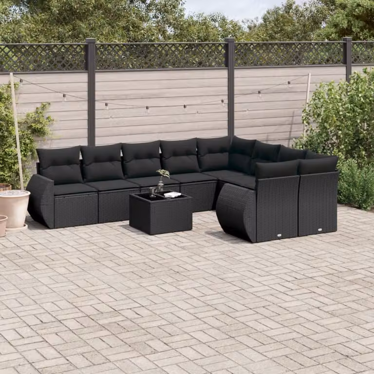 Set di divani da giardino vidaXL in polyrattan nero con cuscini e tavolino da esterno a forma di L