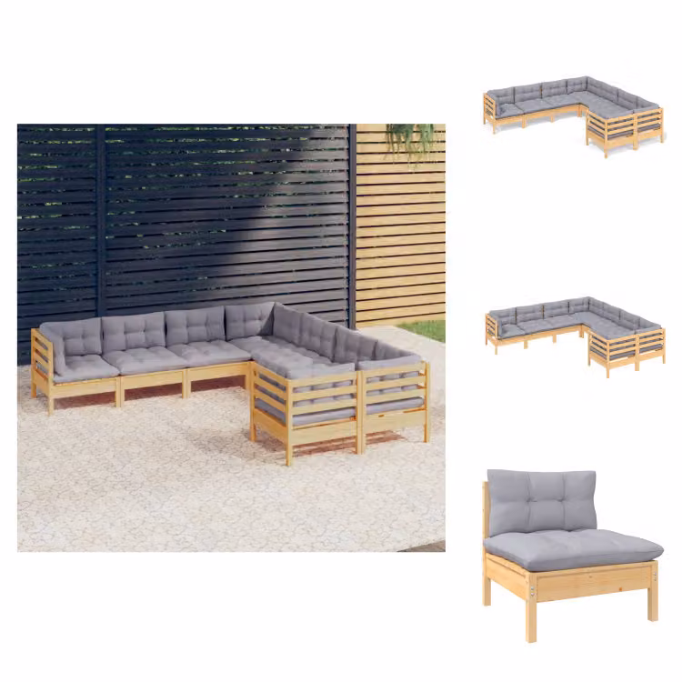 vidaXL Set di 8 pezzi da giardino con cuscini grigi in pino massiccio - Set di mobili da giardino