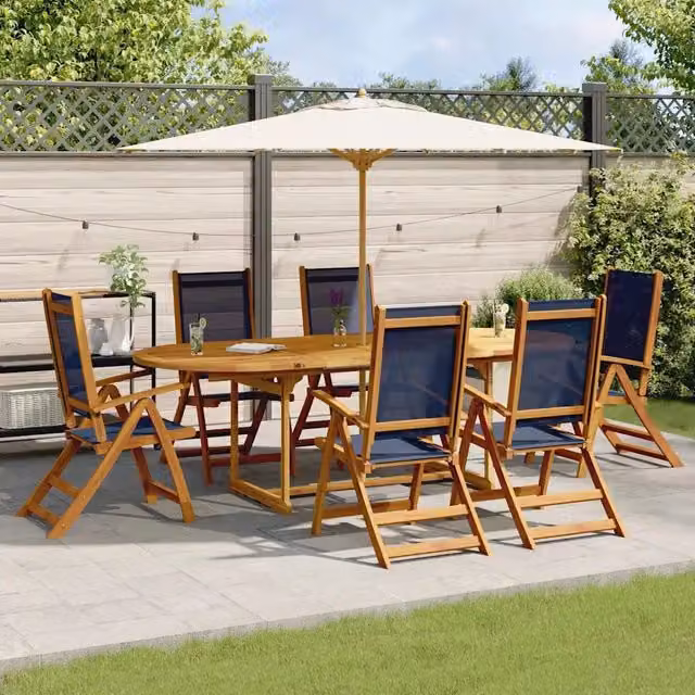 Set Pranzo da Giardino vidaXL in Legno di Acacia e Textilene, 7 Pezzi, Marrone e Blu