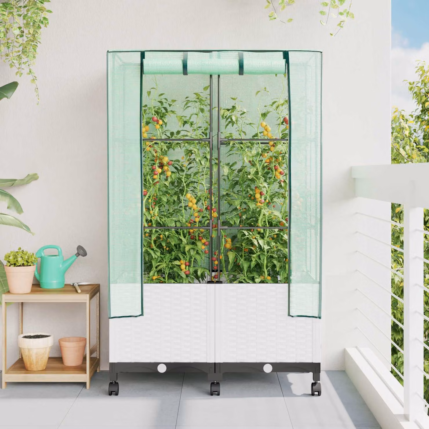 Set di 2 vasi da giardino con copertura per serra e ruote vidaXL, colore bianco, in plastica