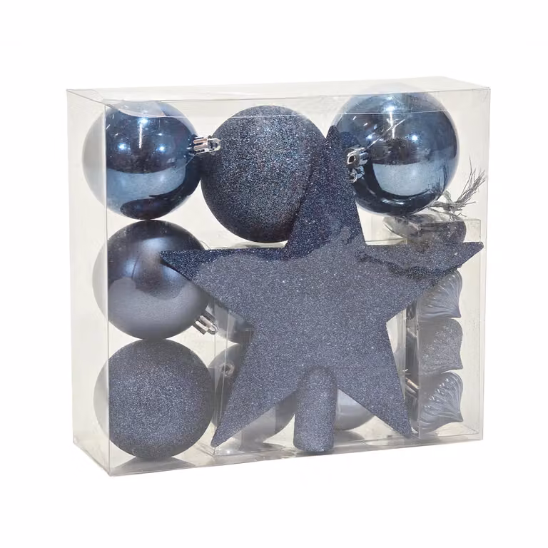 Vestiamo Casa Set di Decorazioni Natalizie Blu Moderno con Stelle e Palline, 18 Pezzi