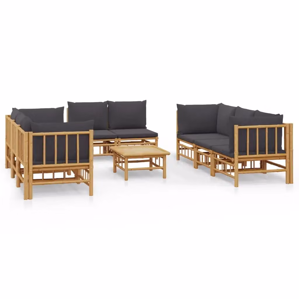 Set Salotto da Giardino a L vidaXL in Bambu con Cuscini Grigio Scuro 9pz – 2