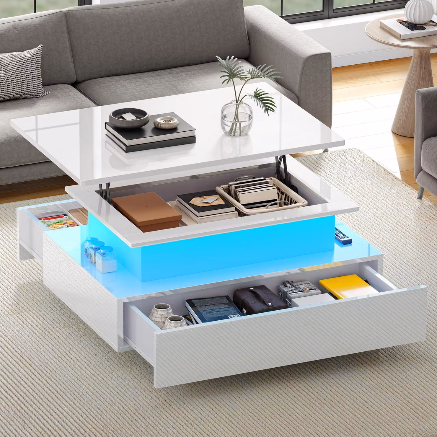 Tavolino da divano DWVO, finitura lucida, con cassetto, tavolino da soggiorno, design moderno, altezza regolabile