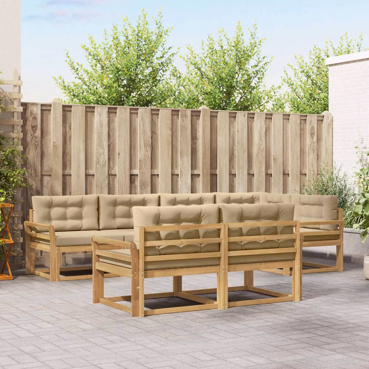 Set di divani da esterno a forma di U vidaXL in legno di acacia con cuscini, Bianco, Beige e Marrone