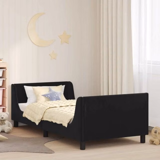 Struttura letto per bambini con testata e giroletto in velluto nero, dimensioni 80 x 200 cm – 1