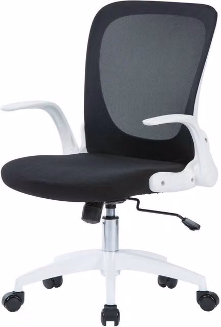 Sedia da ufficio Baschi DMORA, Poltrona direzionale ergonomica con braccioli pieghevoli e rete, L: 60 cm, P: 59 cm, H: 86/96 cm, Nero e Bianco