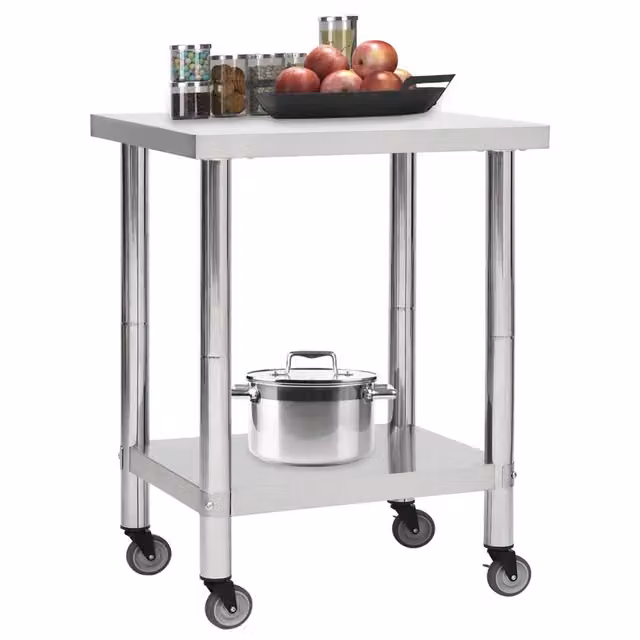 Tavolo da lavoro per cucina con ruote vidaXL in acciaio inox color argento L/P/H: 80 x 45 x 85 cm