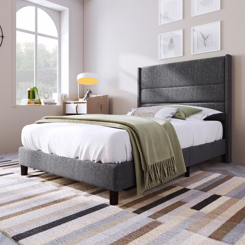 Letto imbottito 90x200 cm, completo di struttura, rete a doghe e testiera, rivestito in lino grigio, letto moderno e senza tempo, ideale per la camera da letto