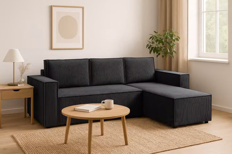 Divano angolare GUTTO CORDA GREY in tessuto a coste con funzione sleep - design moderno in colori di tendenza