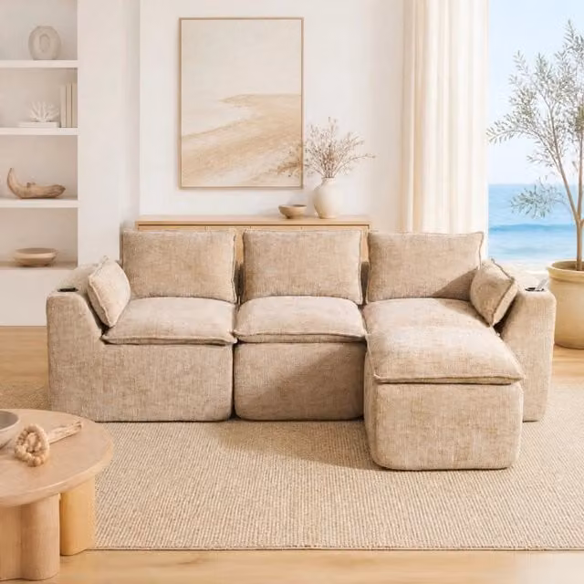 Divano modulare 256x161 cm khaki in chenille, con pouf e tasche laterali