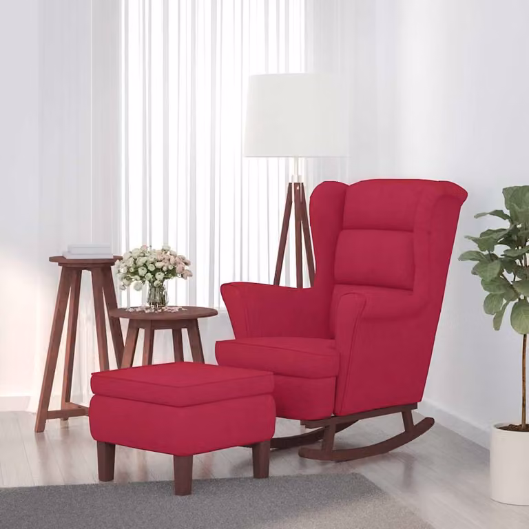 Sedia a dondolo con schienale alto vidaXL in velluto rosso vino e struttura in legno con pouf incluso
