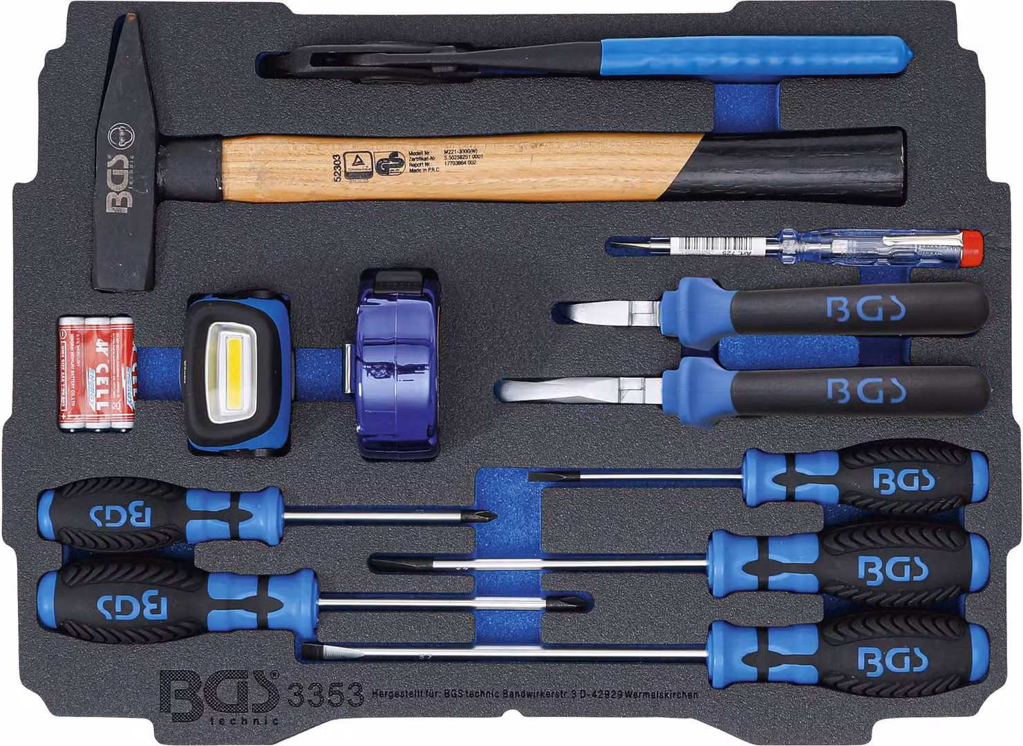 Inserto in schiuma BGS per Art. BOXSYS1 & 2: set di 12 pezzi con martello, pinze e cacciavite - 3353