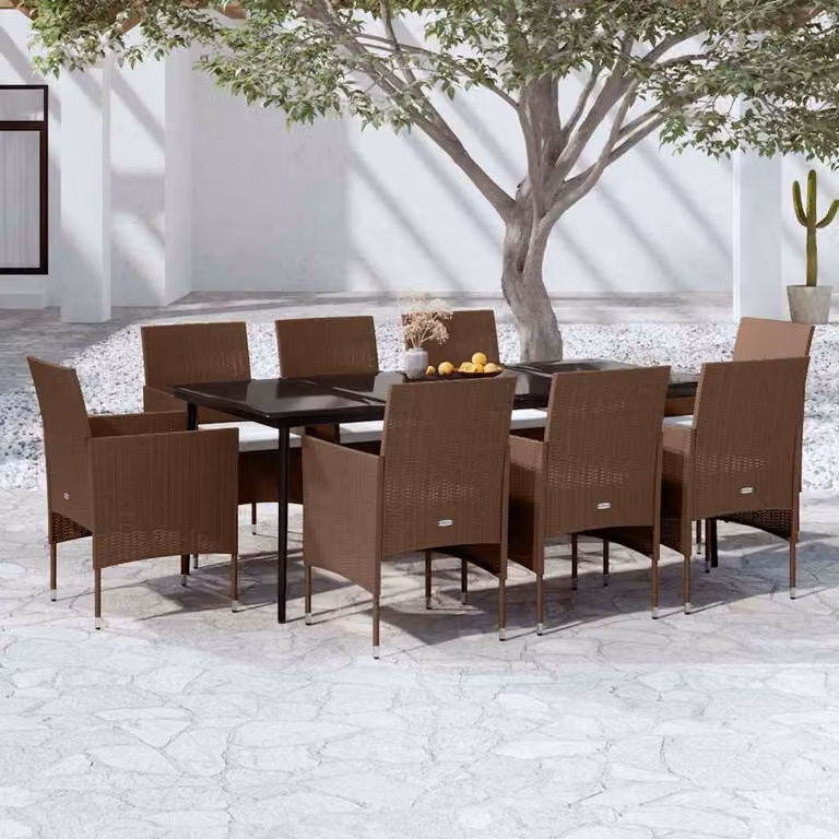 Set da pranzo da giardino vidaXL in rattan con tavolo in vetro e 9 pezzi, Marrone e Nero