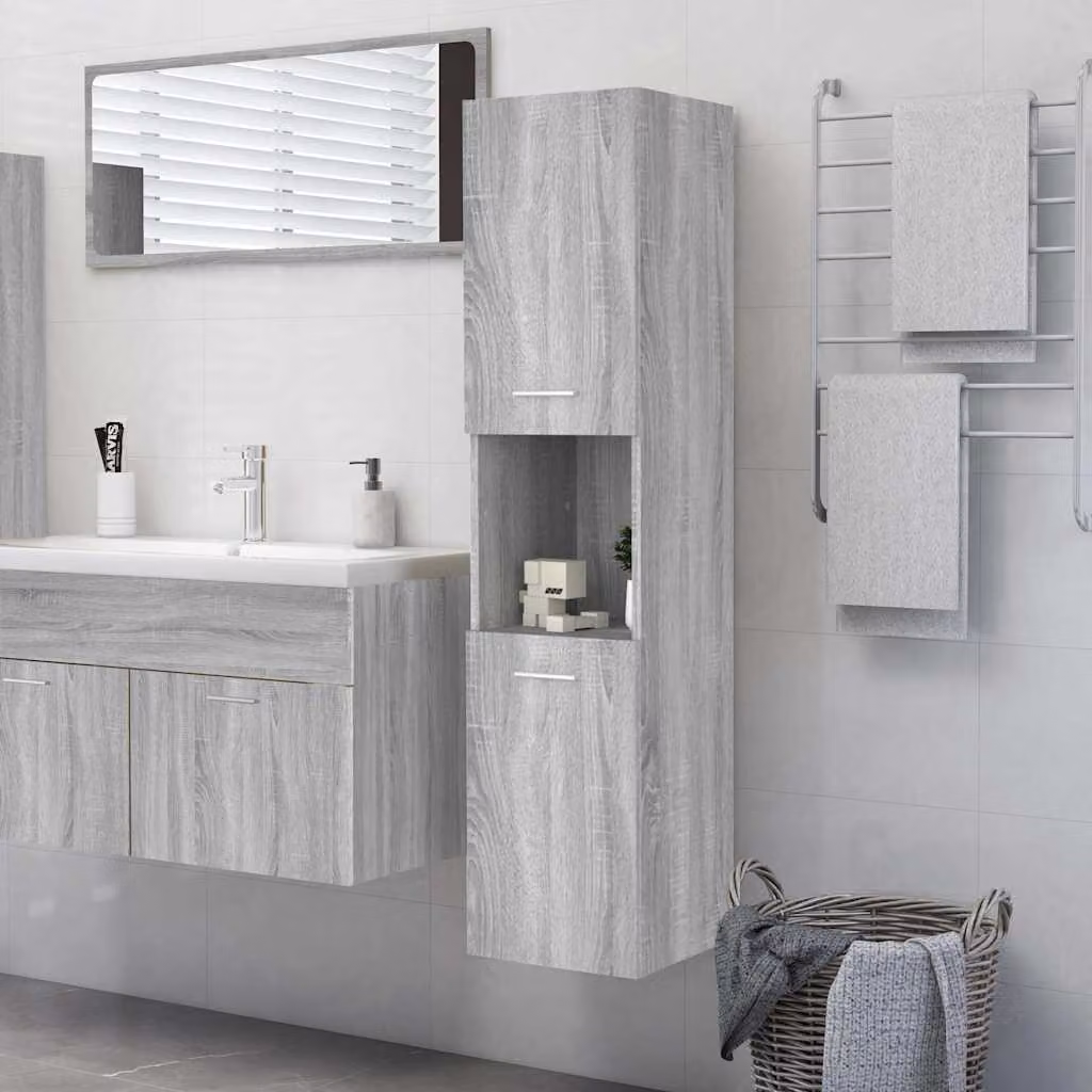 Armadietto da bagno moderno vidaXL in legno multistrato e MDF, colore grigio, con ripiani interni e ante a battente, sospeso, L/P/H: 30 x 30 x 130 cm