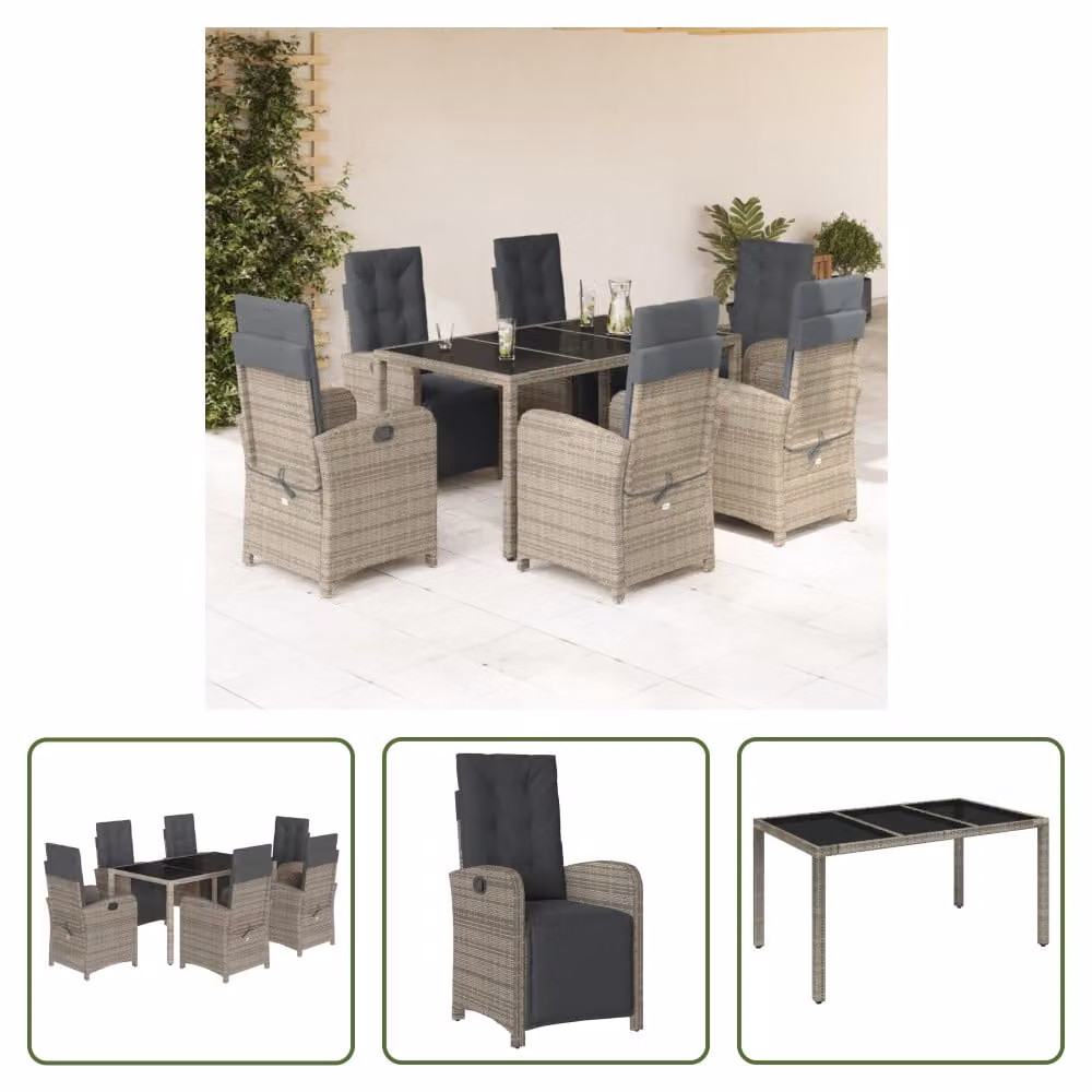 The Living Store Set da pranzo da giardino 7 pezzi con cuscini in poly rattan grigio