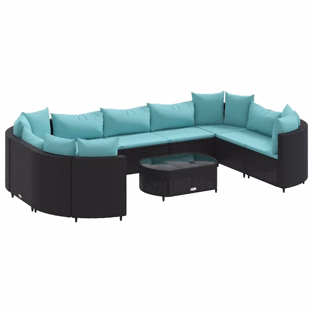Set di Divani da Giardino vidaXL 10 Pezzi a Forma di U con Cuscini e Tavolino, Polyrattan Nero e Blu con Struttura in Acciaio – 2
