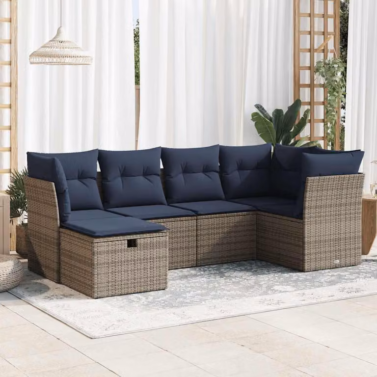 Set Divano da Giardino a L vidaXL 6 pz con Cuscini Grigio e Blu in Polyrattan e Metallo