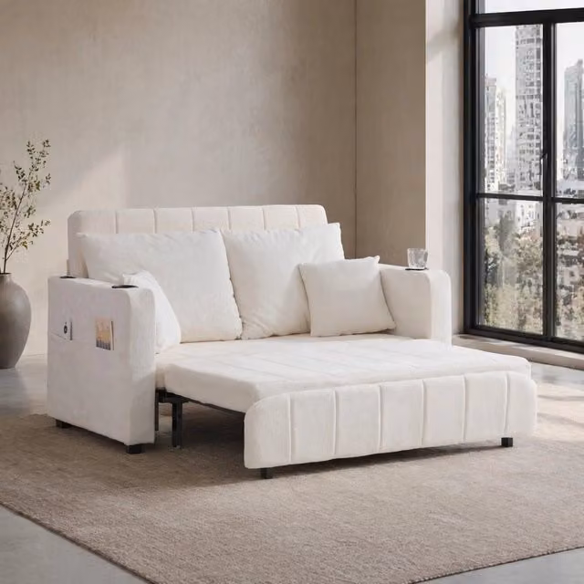 Divano letto trasformabile 136x200 cm in ciniglia beige con tasche laterali HOMVRA