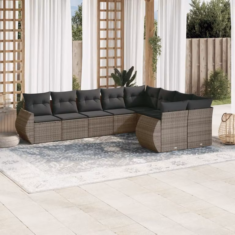 vidaXL Set Divano da Giardino a L 9 pz con Cuscini Grigio in Polyrattan e Acciaio
