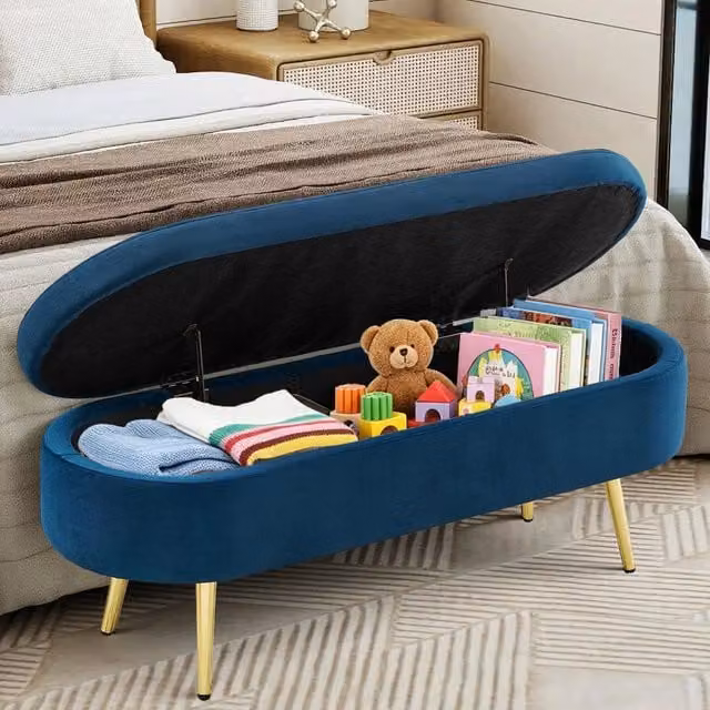Panca Contenitore Multifunzione Minimal in Velluto Blu con Struttura in Metallo e Legno Massello L 110 x P 40 x H 42 cm