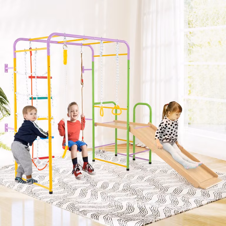 Costway Playset da arrampicata 8 in 1 multicolore con scivolo, barre per parco giochi da interno e anelli ginnici per bambini dai 3 anni in su