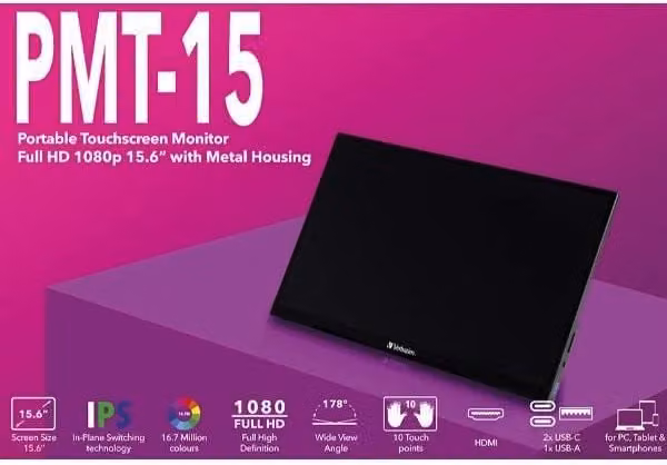 Monitor PC Verbatim 49592 da 15,6 pollici Full HD IPS Touch Screen Nero