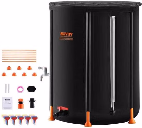 Serbatoio Portatile di Acqua 380 L con Tappi e Kit di Sfogo per Raccoglitore d'Acqua per Giardino