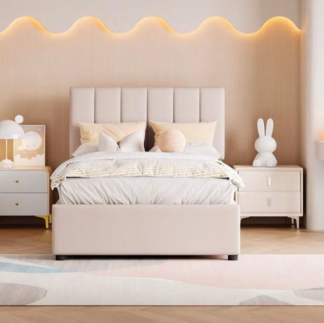 Letto singolo imbottito 90x200 cm con contenitore idraulico in lino beige