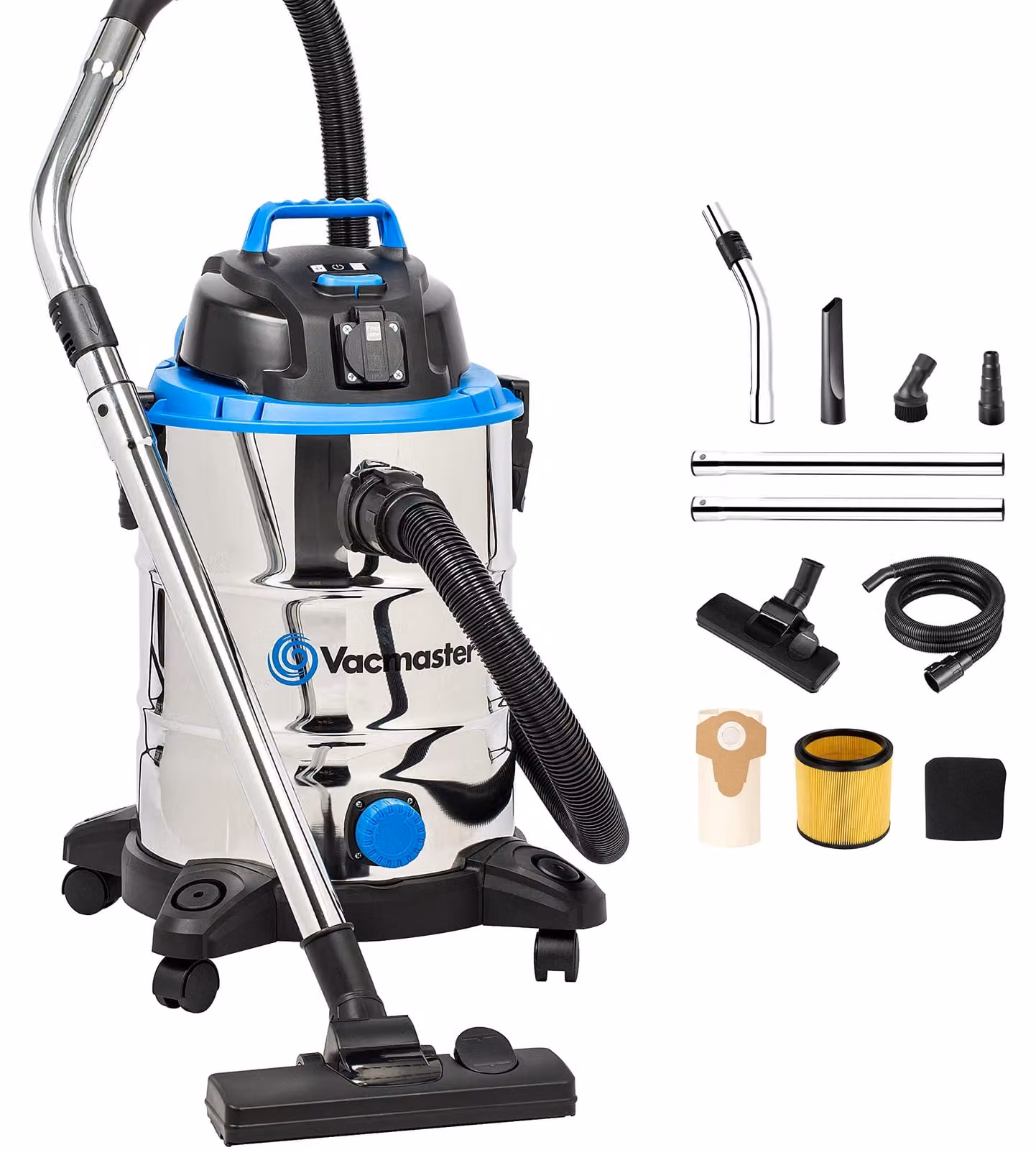 Vacmaster Aspirapolvere per liquidi e solidi Aspirapolvere da pavimento Potente potenza di aspirazione Aspirapolvere in acciaio inossidabile 1500 W 30 L