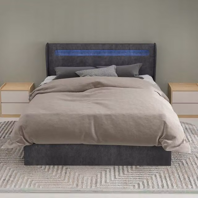 Letto imbottito 140x200 - Xylo - Grigio con LED e struttura sollevabile